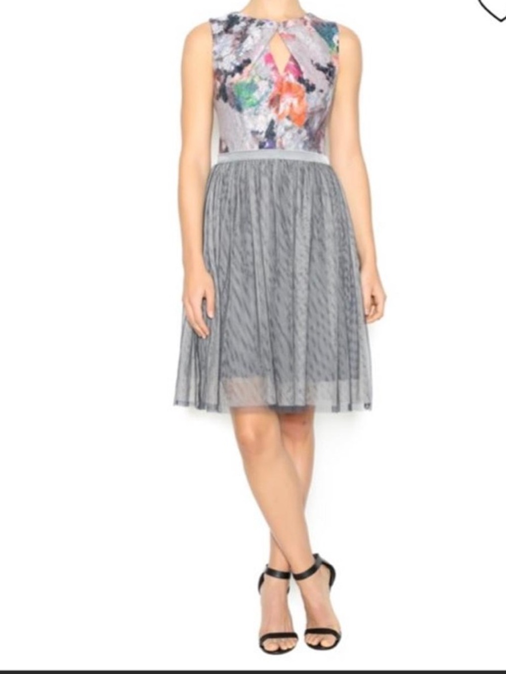 Weston Anthropologie Painted Floral Bodice Tull Gray‎ A-Line Flirty Dress